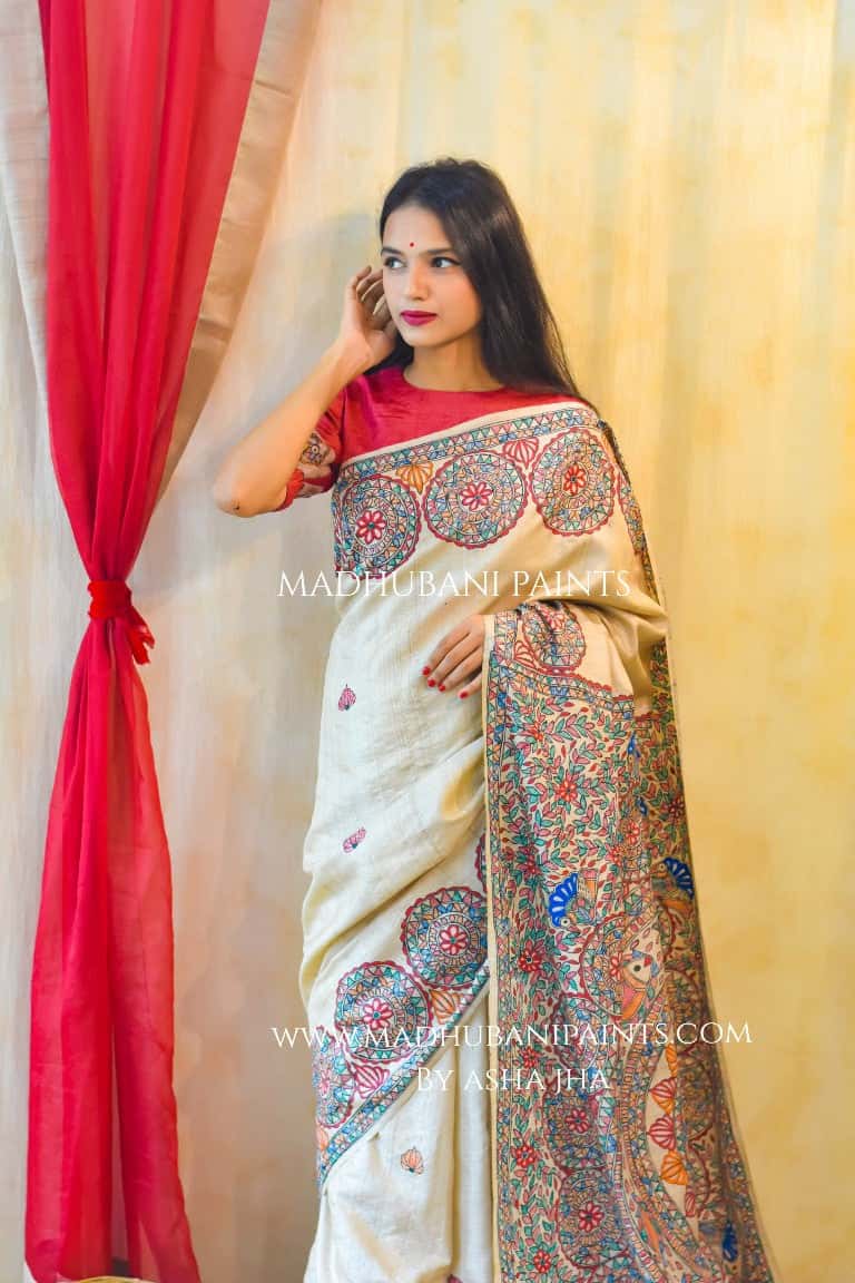 'MATSYA NRITYA'  Handpainted Madhubani Tussar Silk Saree — image 3 of 8