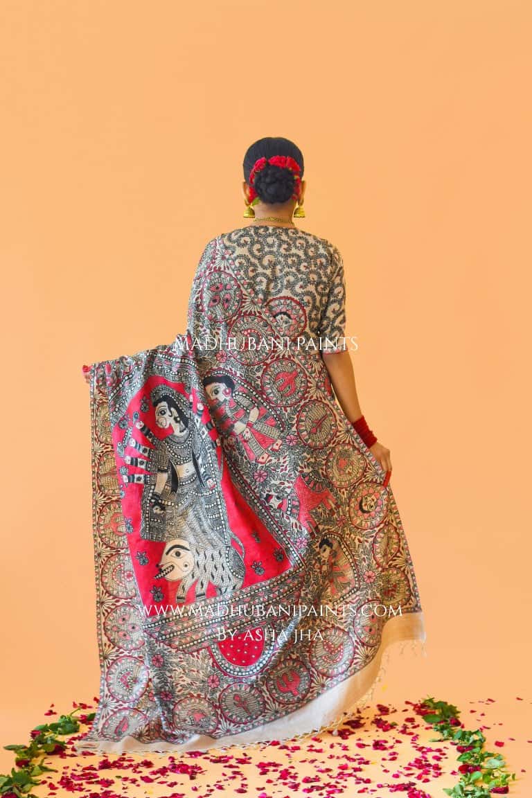 'SUNDARI' Handpainted Madhubani Tussar Silk Saree Blouse Set — image 8 of 11