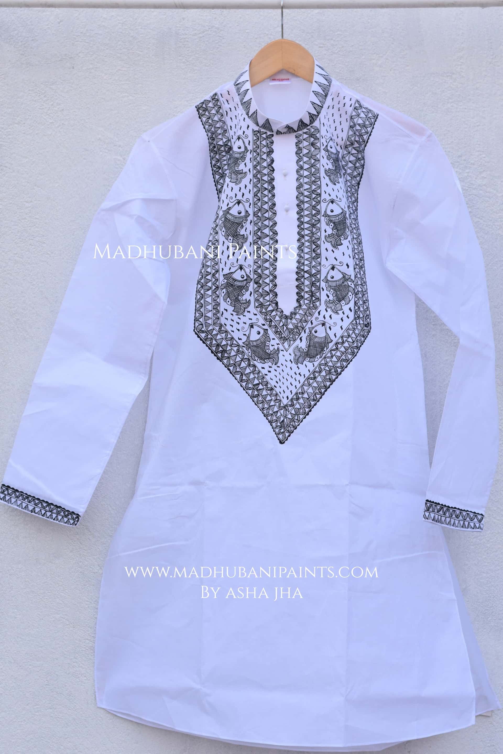 White & Black Fish Hand-painted Handloom Men's Cotton Kurta — image 2 of 3