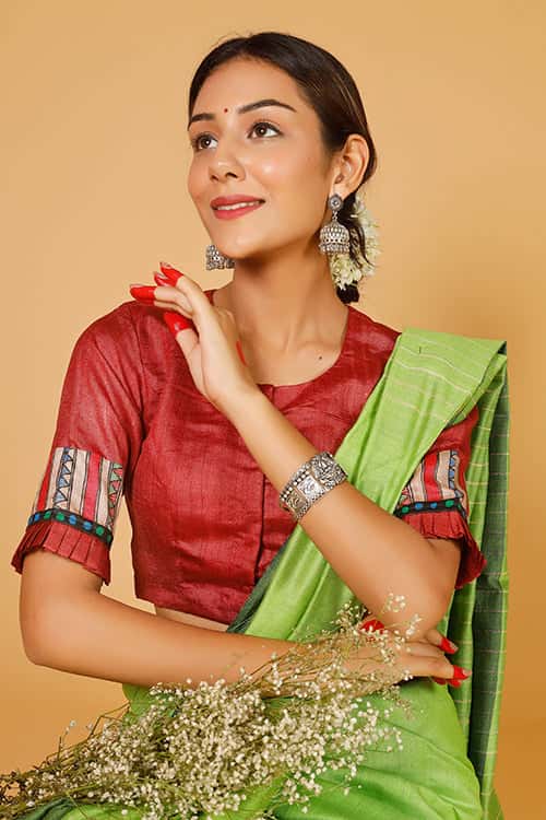 'Madhushravani' Handpainted Madhubani Tussar Silk Blouse — image 2 of 3