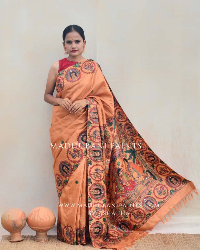 'BENGALI VIVAH' Handpainted Madhubani Tussar Silk Saree — image 4 of 5