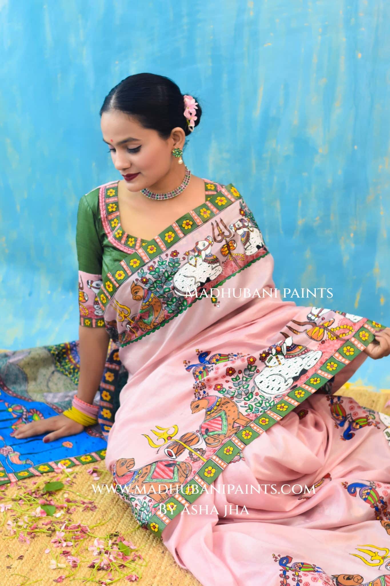 UMAMAHESHWAR ARDHNARISHWAR Hand-painted Madhubani Tussar Silk Saree Blouse Set — image 4 of 10