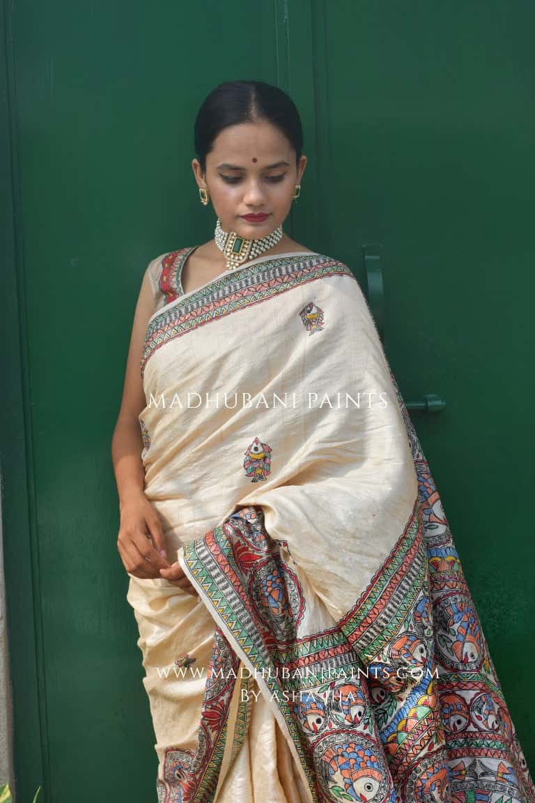 'MATSYA KACHNI' Handpainted Madhubani Tussar Silk Blouse — image 2 of 7