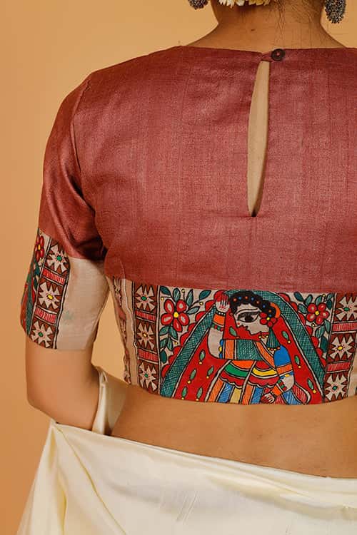 'Mithila Bride' Handpainted Madhubani Tussar Silk Blouse — image 9 of 10