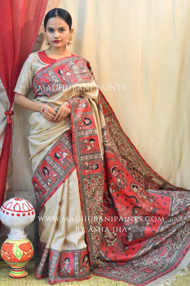 'MAHAGAURI' Handpainted Madhubani Tussar Silk Saree — image 3 of 7