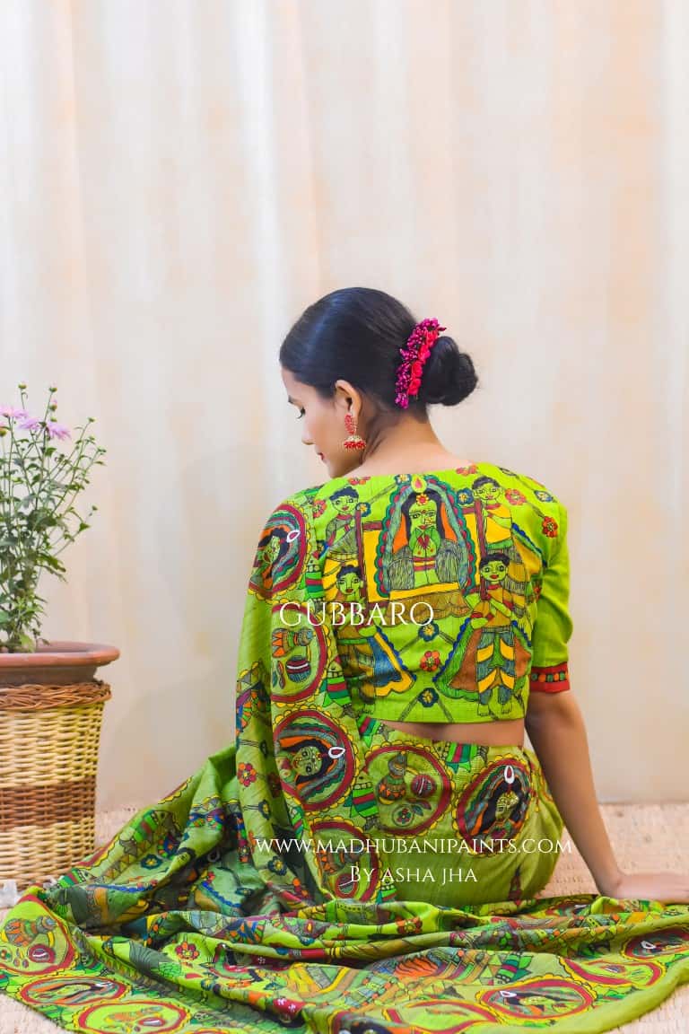 'Bengali Wedding' Handpainted Madhubani Chanderi Silk Saree — image 2 of 4