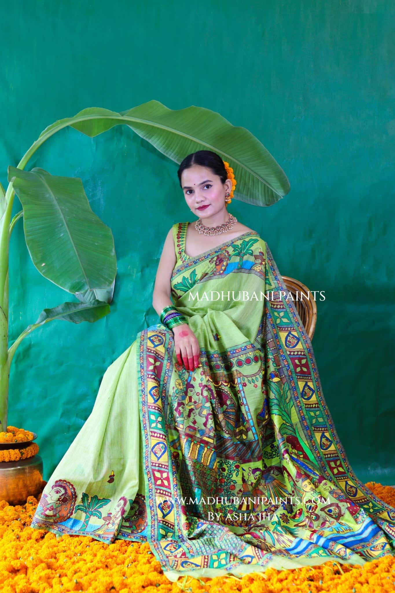 HARIYALI CHHATH Handpainted Madhubani Chanderi Saree Blouse Set — image 3 of 11