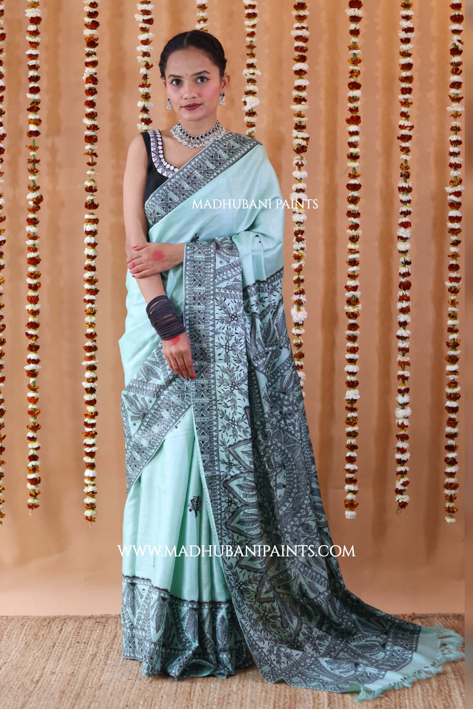SAANKH KAMAL MANDALA Hand-painted Madhubani Tussar Silk Saree Blouse Set — image 3 of 11