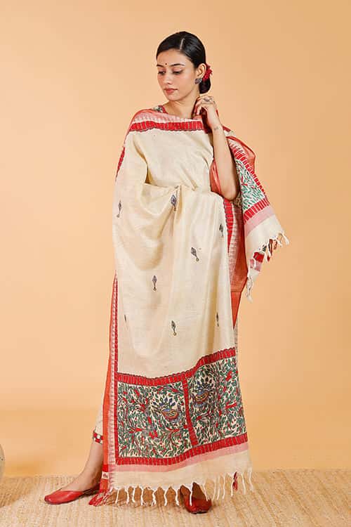 'Mithila Mayur' Handpainted Madhubani Dupatta — image 2 of 4