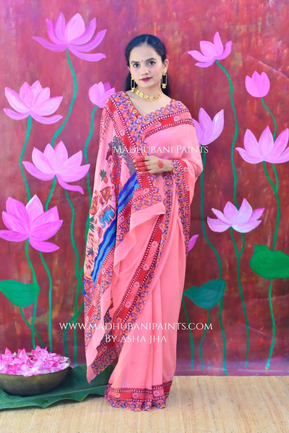 POOJA VIBHUTI Chhath Puja Hand-painted Madhubani Georgette Saree Blouse Set — image 5 of 9