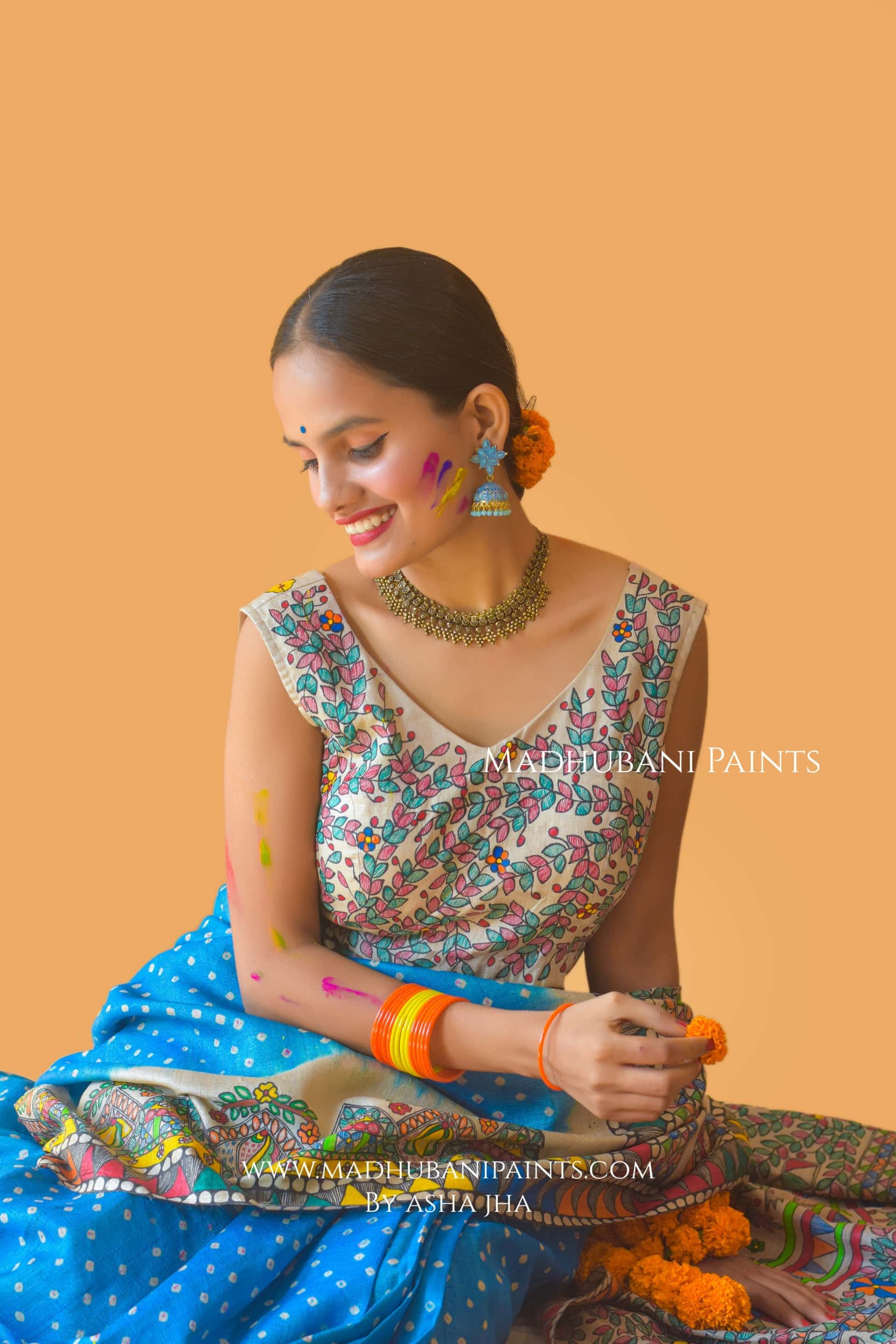 VANDURGA Hand-painted Madhubani Bandhini Saree Blouse Set — image 6 of 11