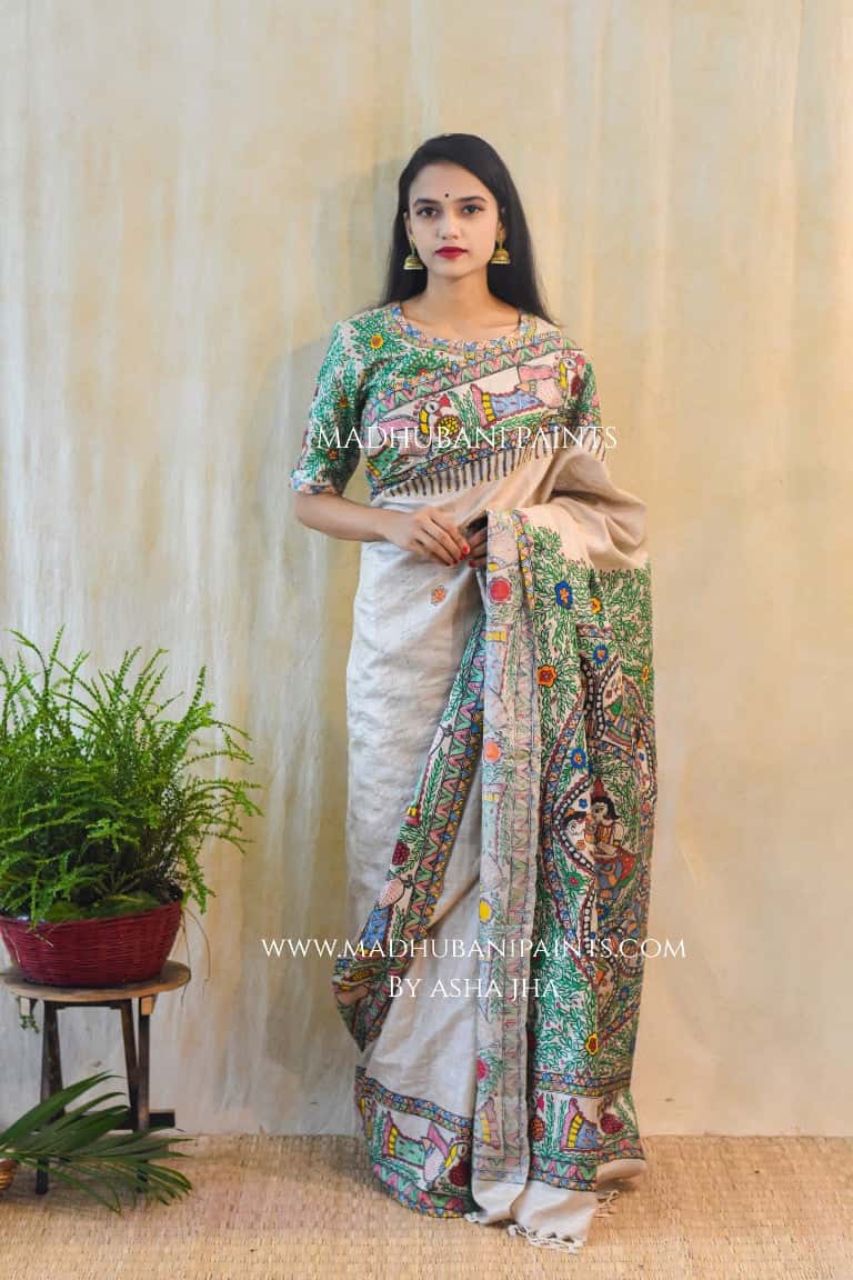 'MANORATH' Handpainted Madhubani Tussar Silk Saree — image 2 of 4