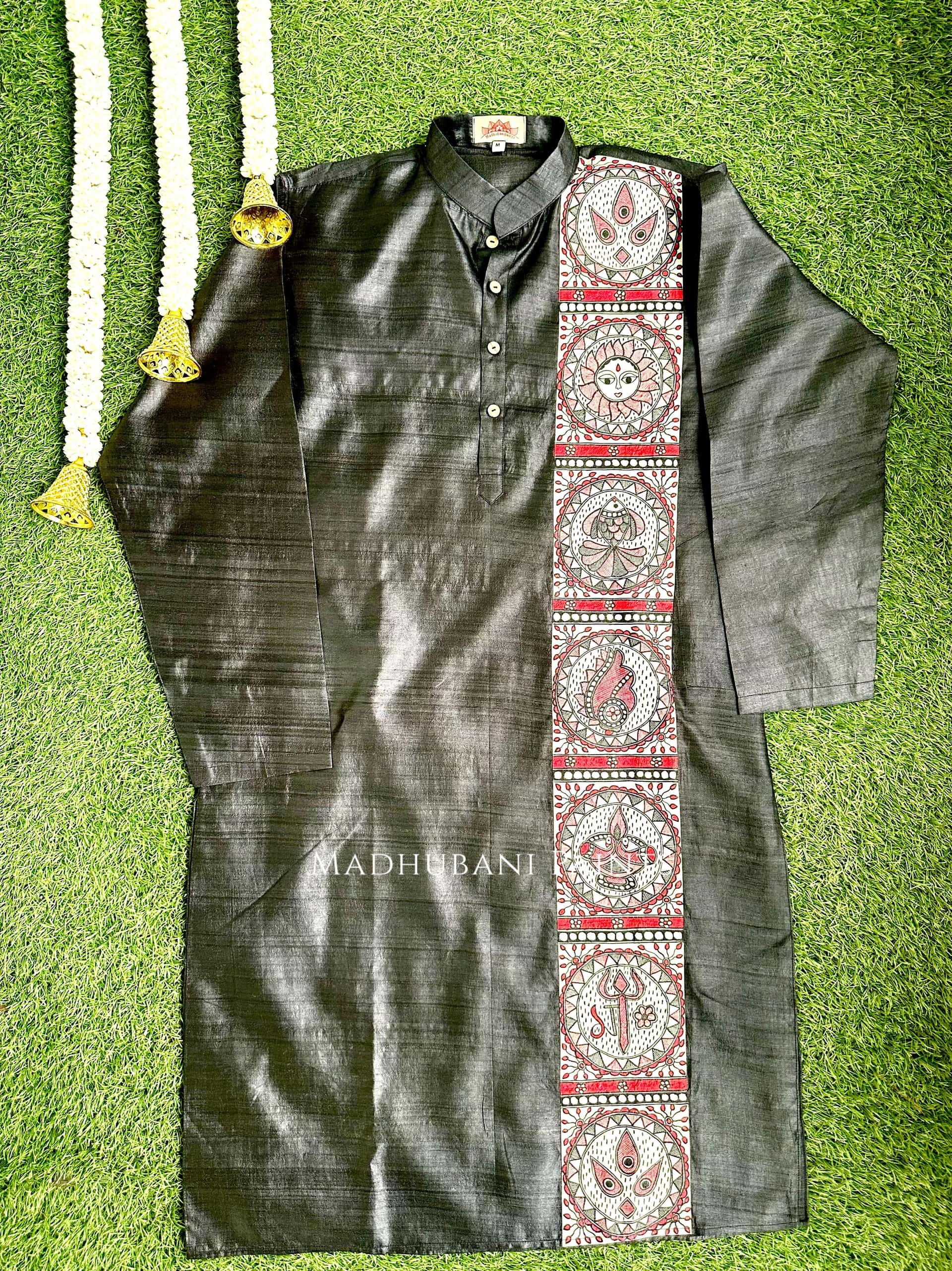 MADHUMATI Hand-painted Beige Madhubani Men's Tussar Silk Kurta — image 2 of 4