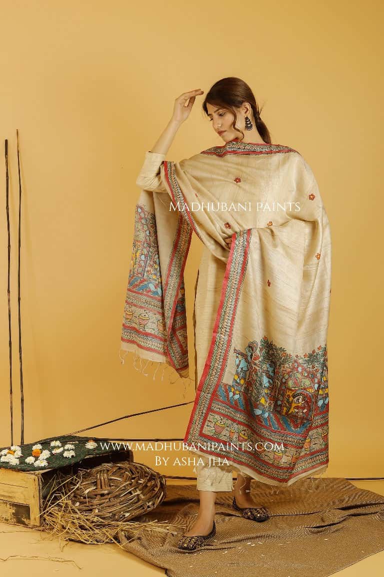 Doli Bidaai Madhubani Handpainted Pure Handwoven Tussar Silk Dupatta — image 3 of 4