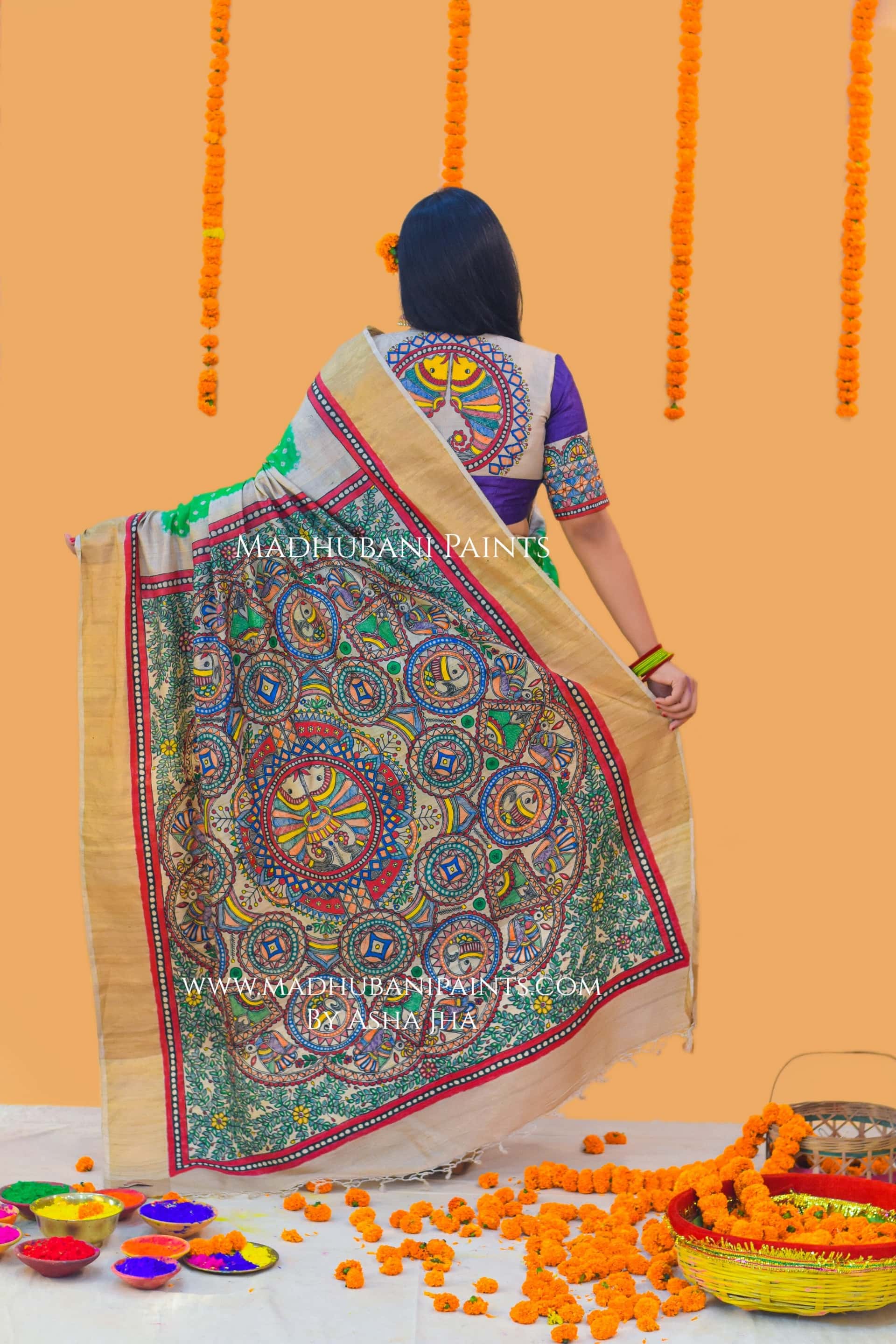 SURMAI MAYUR MANDALA Hand-painted Bandhini Madhubani Saree — image 6 of 7