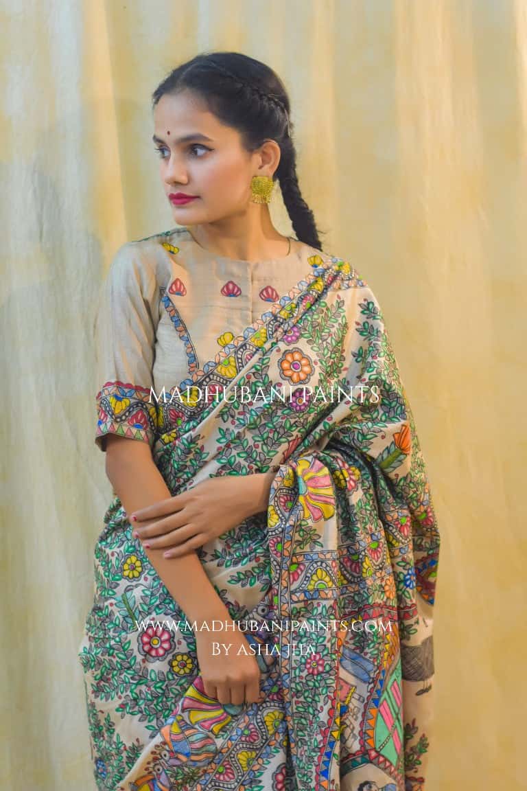 'KAHANI PADMA KI' Handpainted Madhubani Tussar Silk Saree — image 8 of 11