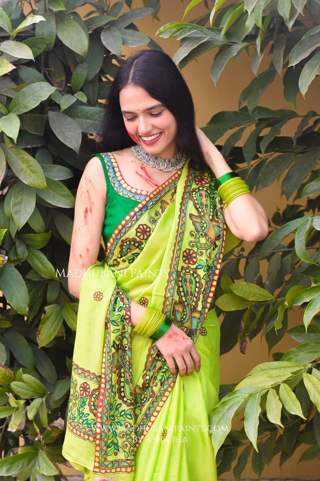 MADHUMAS Hand-painted Madhubani Chiffon Saree Blouse Set — image 3 of 13
