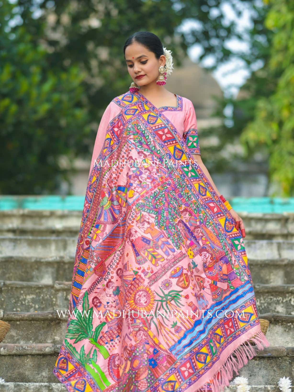 VRATI VANDANA Chhath Puja Handpainted Madhubani Tussar Silk Saree — image 8 of 10