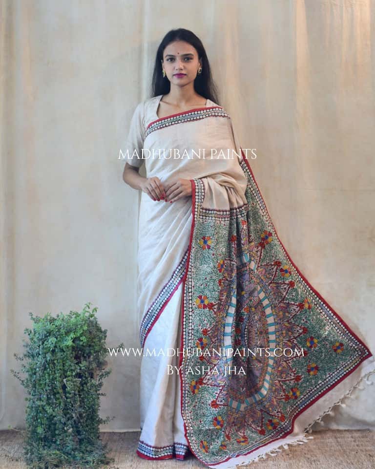 Handpainted Madhubani 'BAGIYA' Tussar Silk Saree — image 5 of 5