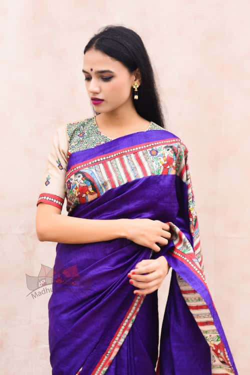 'DEVI' Handpainted Madhubani Tussar Silk Saree Blouse Set — image 3 of 6