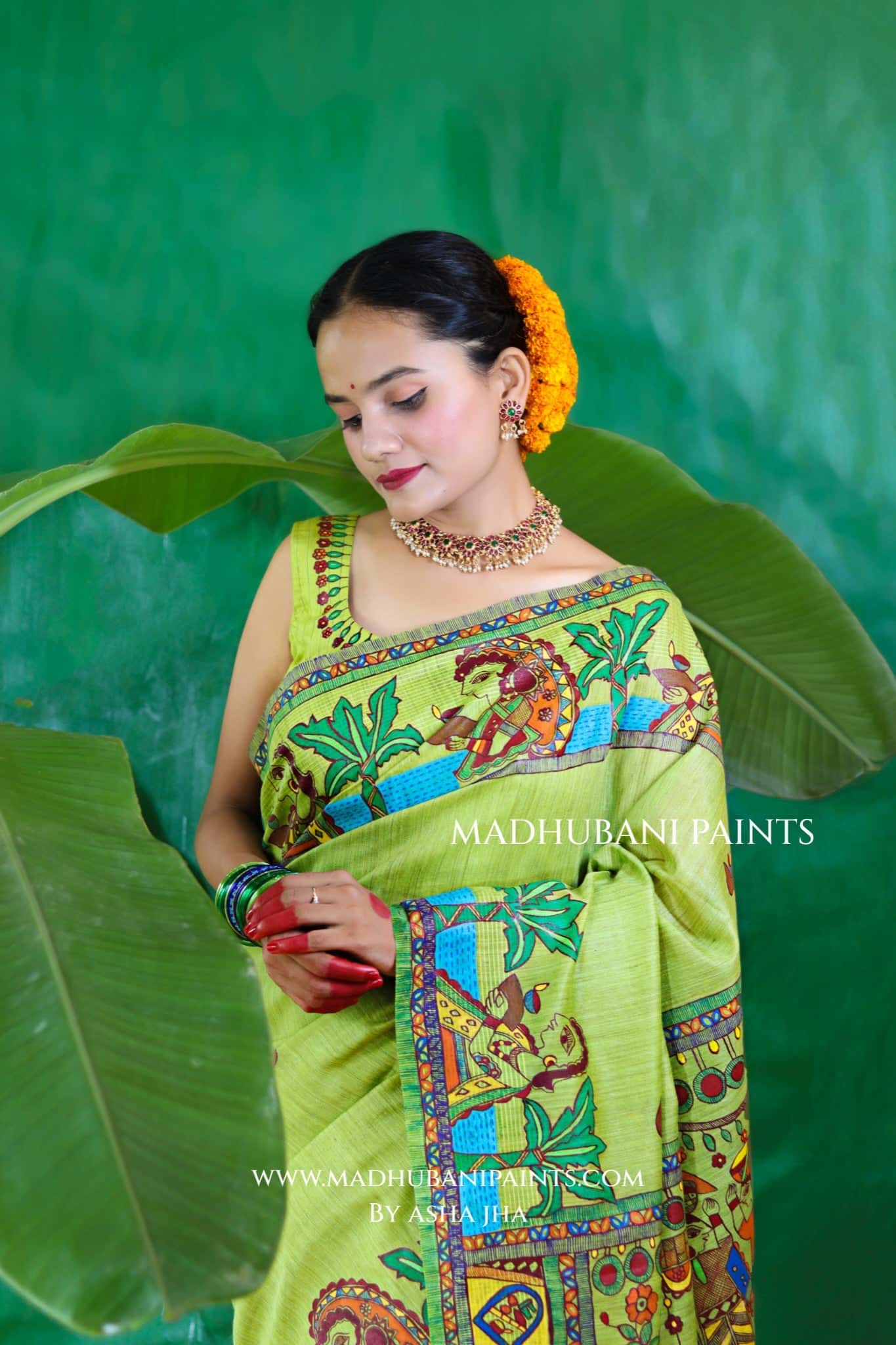 HARIYALI CHHATH Handpainted Madhubani Chanderi Saree Blouse Set — image 2 of 11