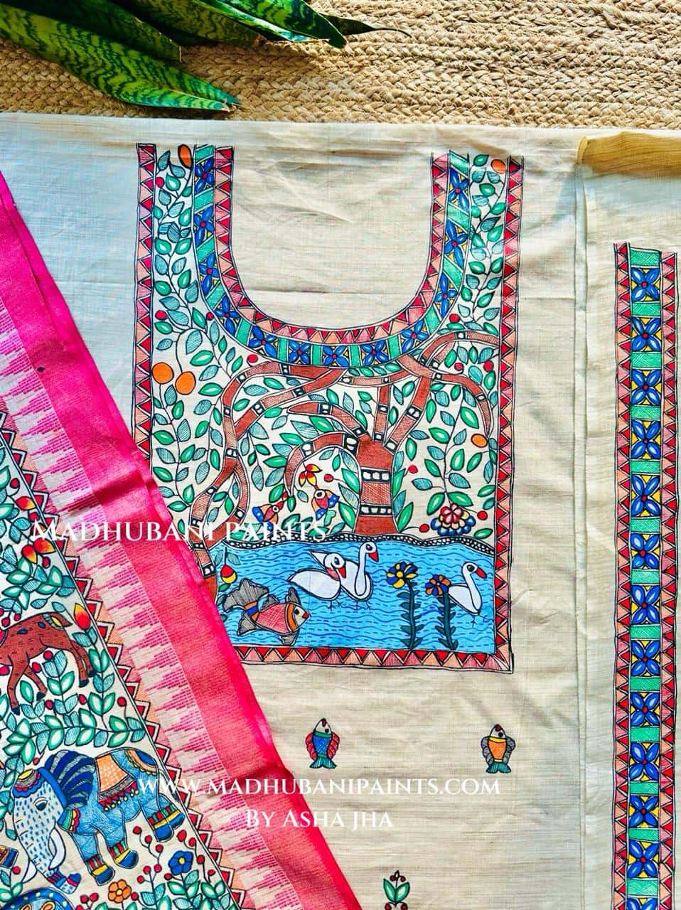 Prakriti Hand-painted Madhubani Painting Cotton Unstitched Kurta Pant Dupatta Set — image 2 of 3