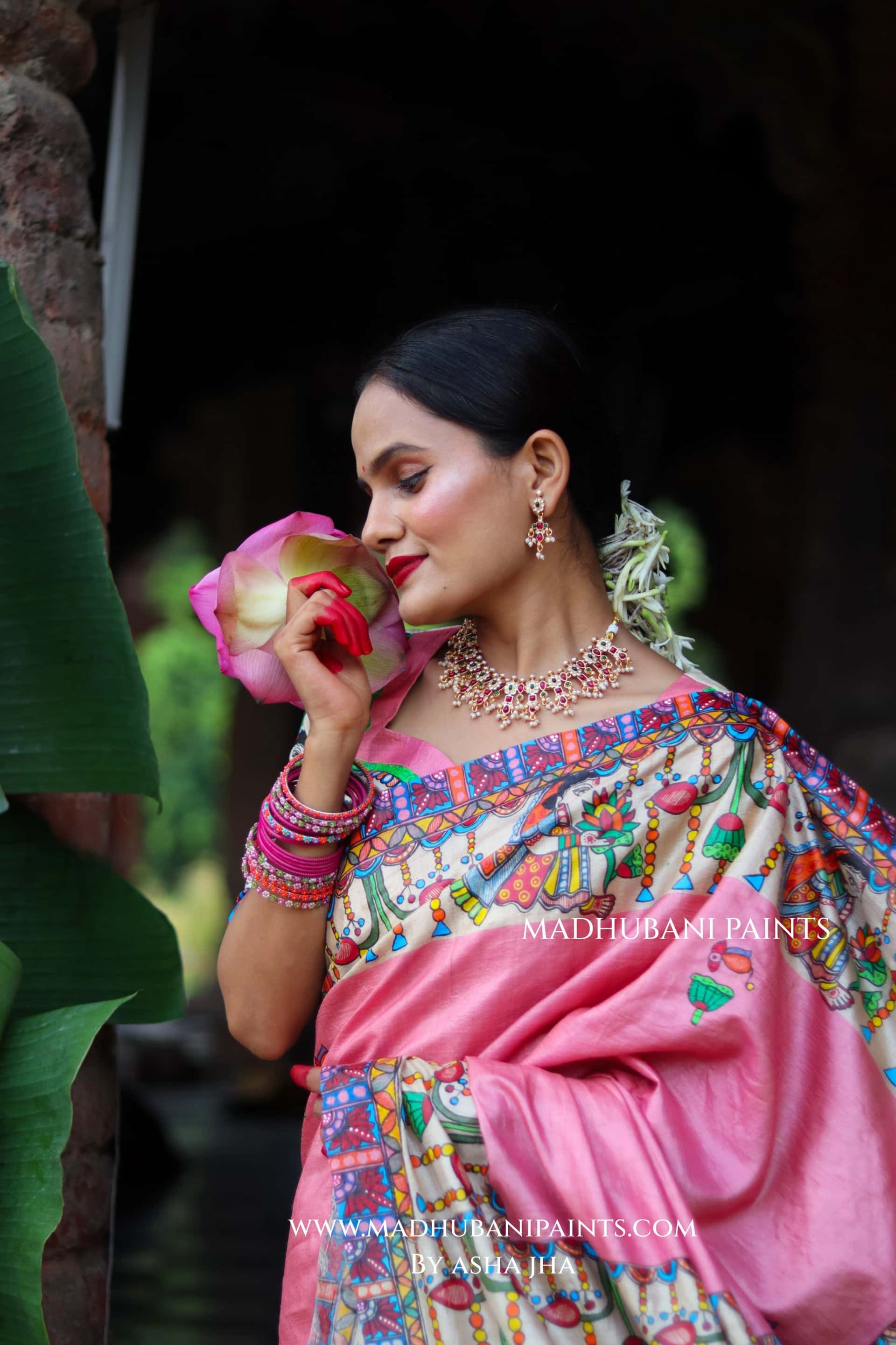 Durga Ji Ki Palki Handpainted Tussar Silk Madhubani Saree — image 9 of 9
