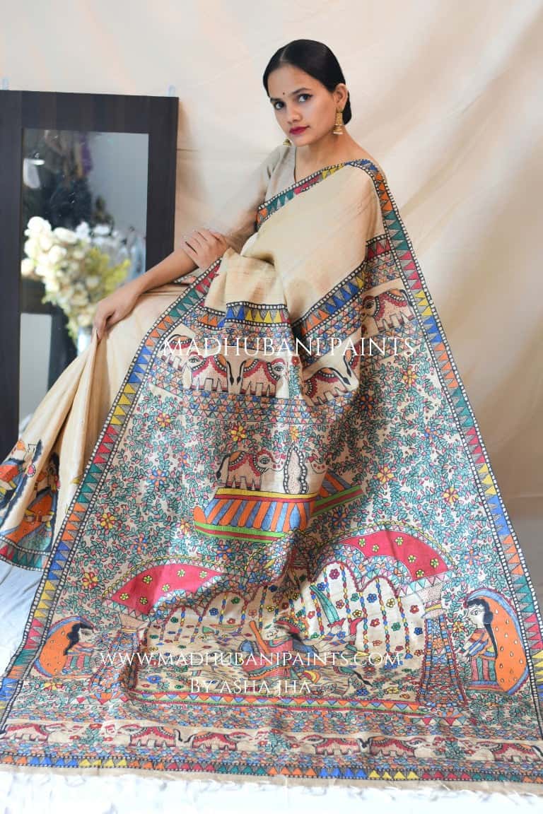 'DURGA DEVI' Handpainted Madhubani Tussar Silk Saree — image 3 of 5