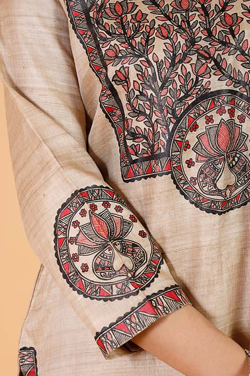 'Surmai & The Lotus' Handpainted Madhubani Tussar Silk Kurta — image 5 of 6