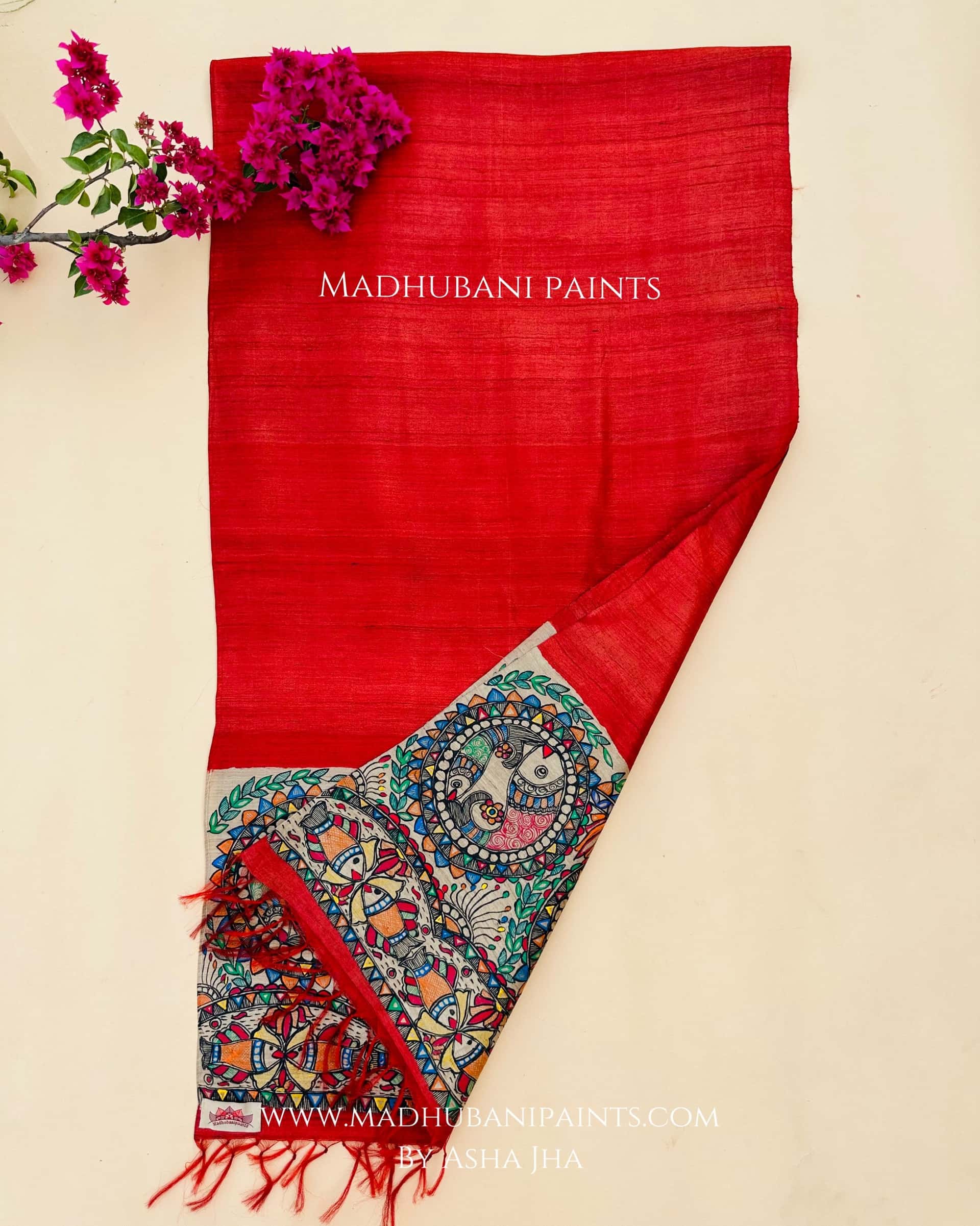Lotus Fish Mayuri Hand-painted Madhubani Tussar Silk Stole — image 3 of 3