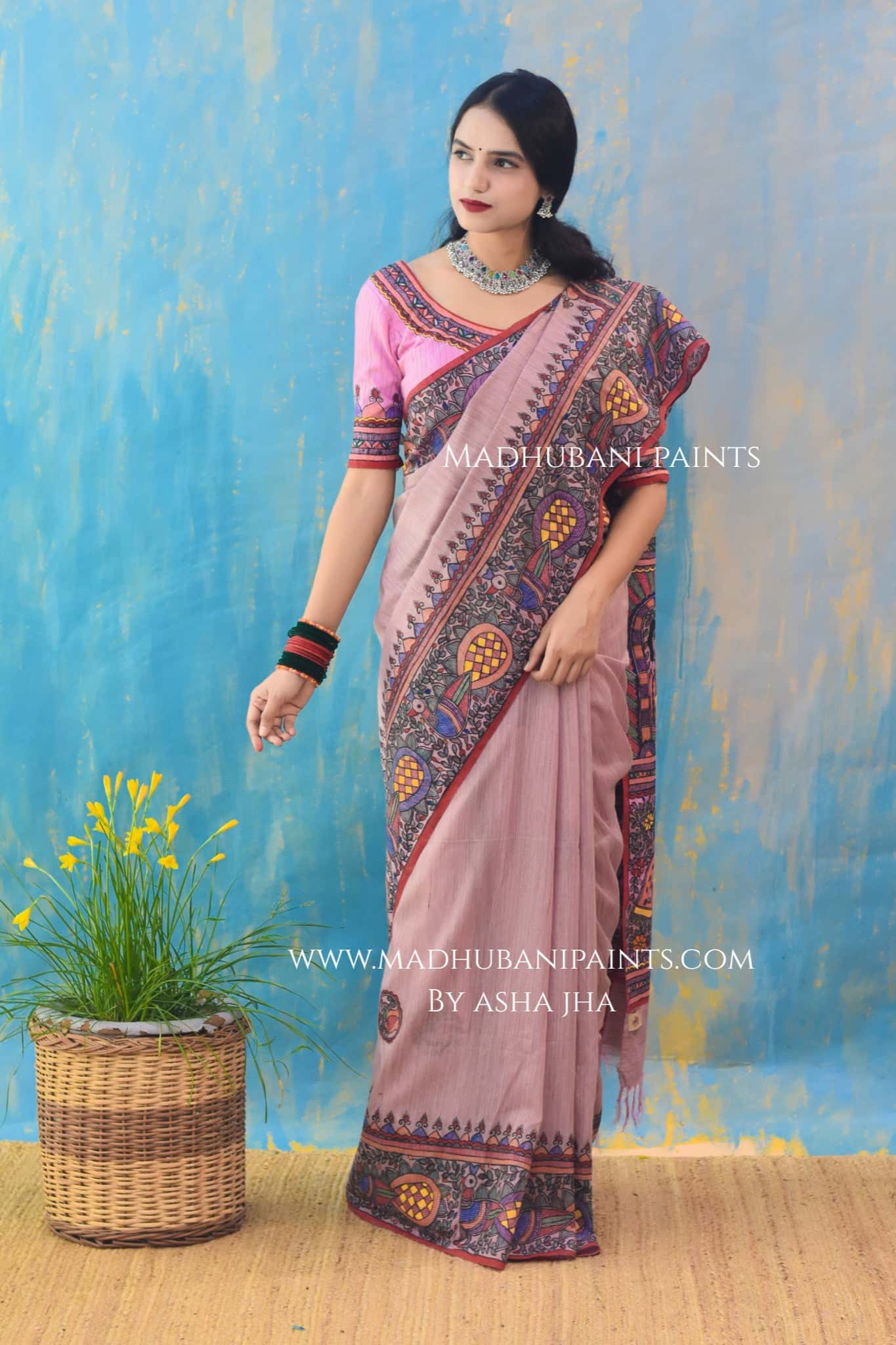 "Gulabi Ramayan" Hand-painted Madhubani Chanderi Saree — image 7 of 8