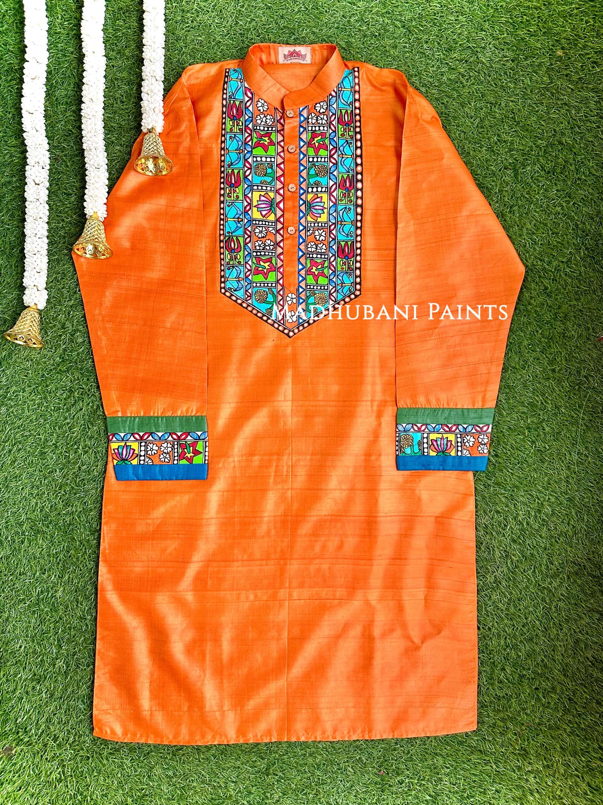 BHARAT KA DUSSEHRA Hand-painted Handloom Orange Men's Tussar Silk Kurta — image 3 of 4
