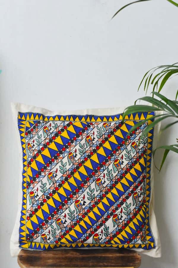 Madhubani Painting Peacock Border Design Cushion