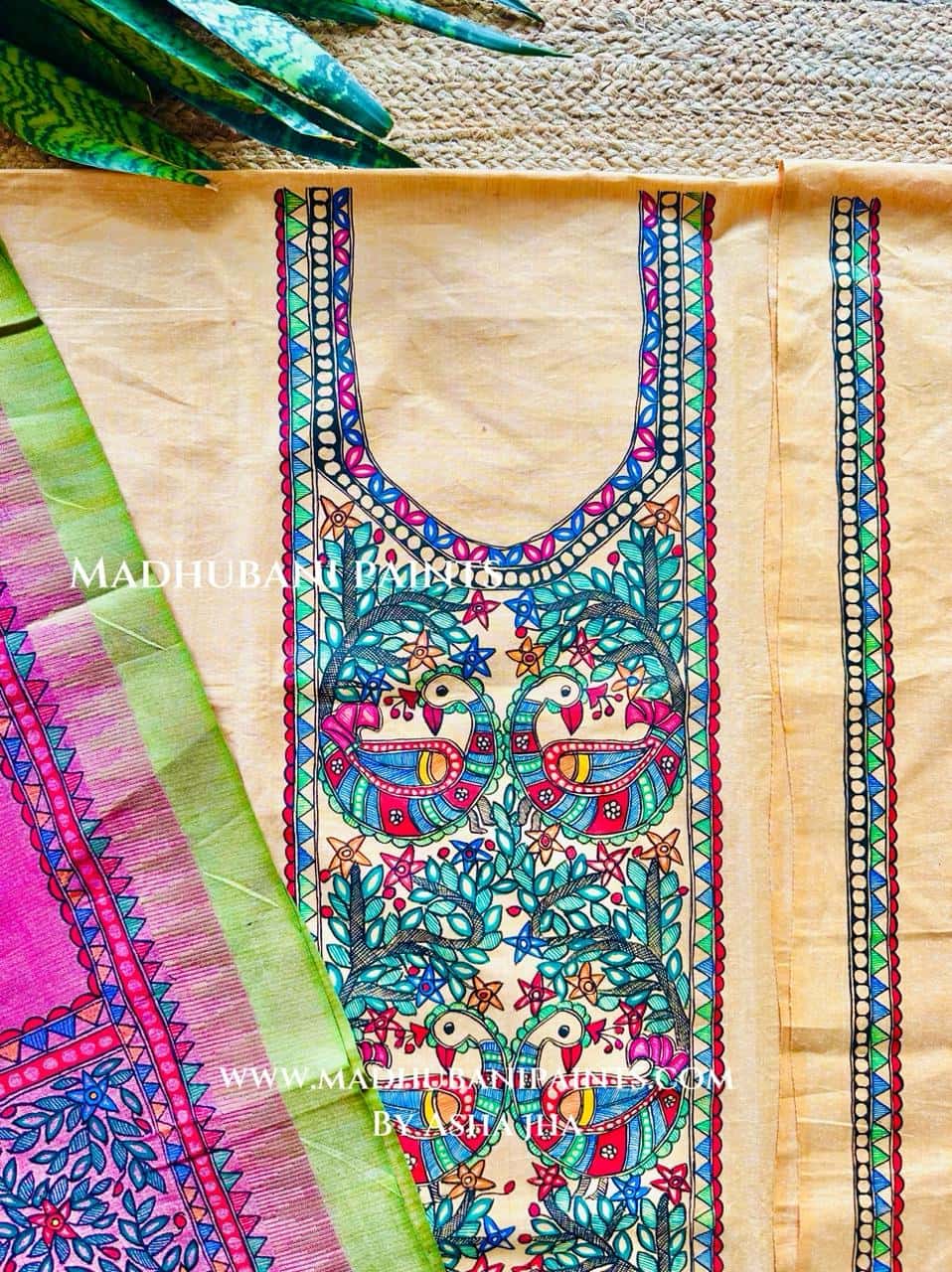 Mithila Mayuri Hand-painted Madhubani Painting Cotton Unstitched Kurta Pant Dupatta Set — image 2 of 3
