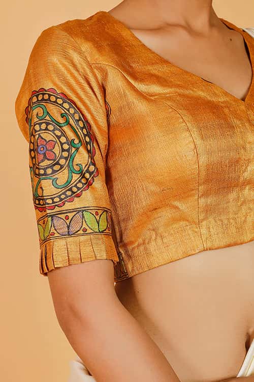 'Radha Raman' Handpainted Madhubani Tussar Silk Blouse — image 2 of 7