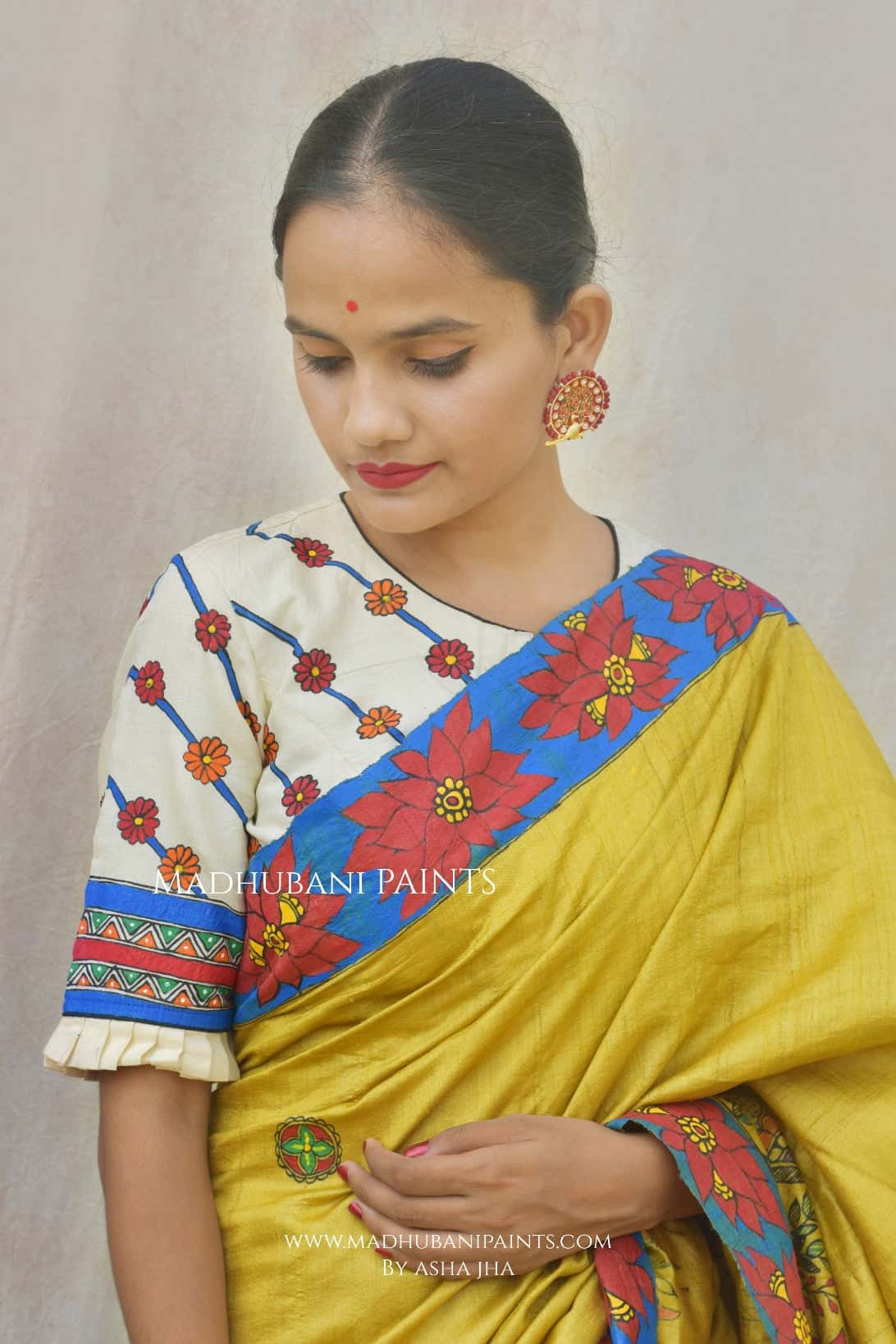GAJANAND MATSYA' Hand Painted Madhubani Tussar Silk Saree Blouse Set — image 7 of 8