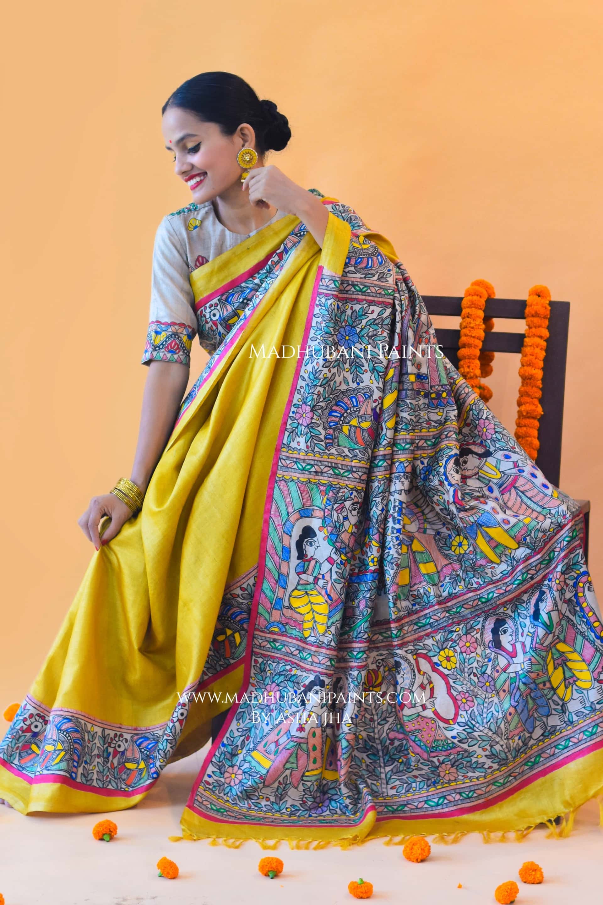 "Peela Ramayan" Hand-painted Madhubani Tussar Silk Saree — image 5 of 5