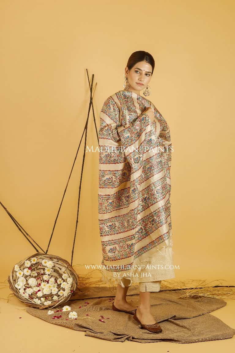 Mayuri Katha Madhubani Handpainted Pure Handwoven Tussar Silk Dupatta — image 3 of 4