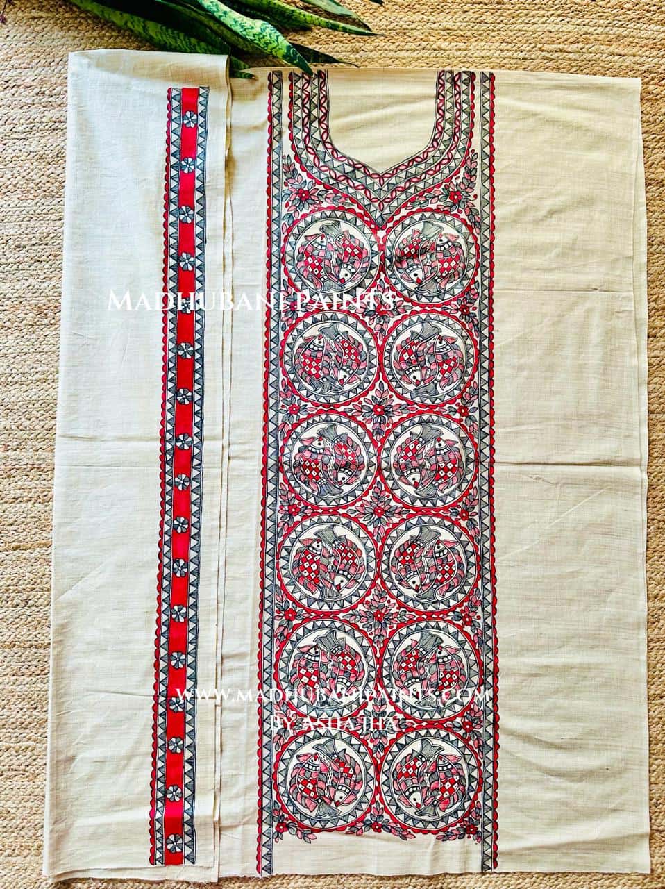 Mithila Maach Hand-painted Madhubani Painting Cotton Unstitched Kurta Pant Dupatta Set — image 3 of 3