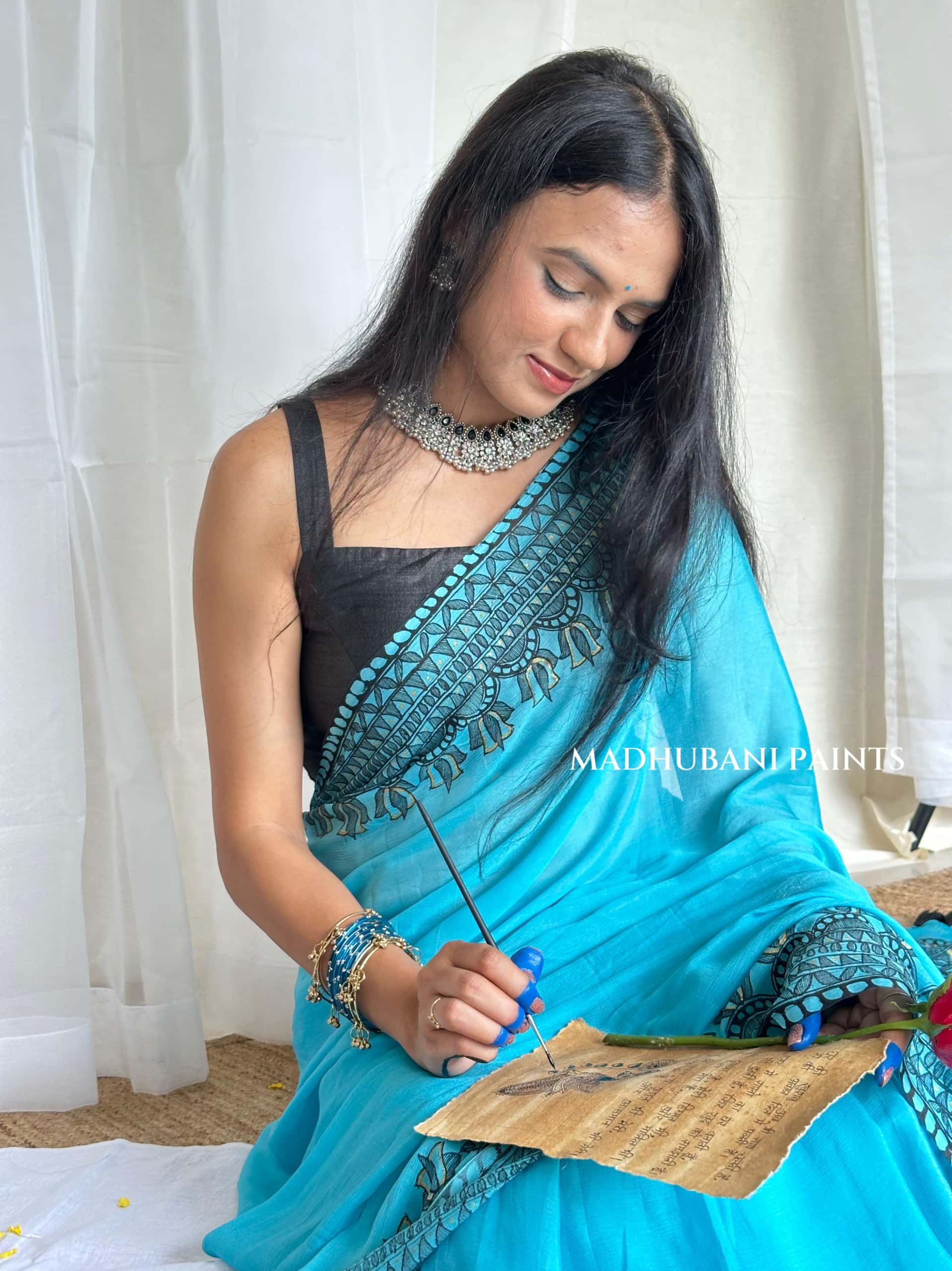 Aasmani Doli Hand-painted Madhubani Chiffon Saree — image 7 of 11
