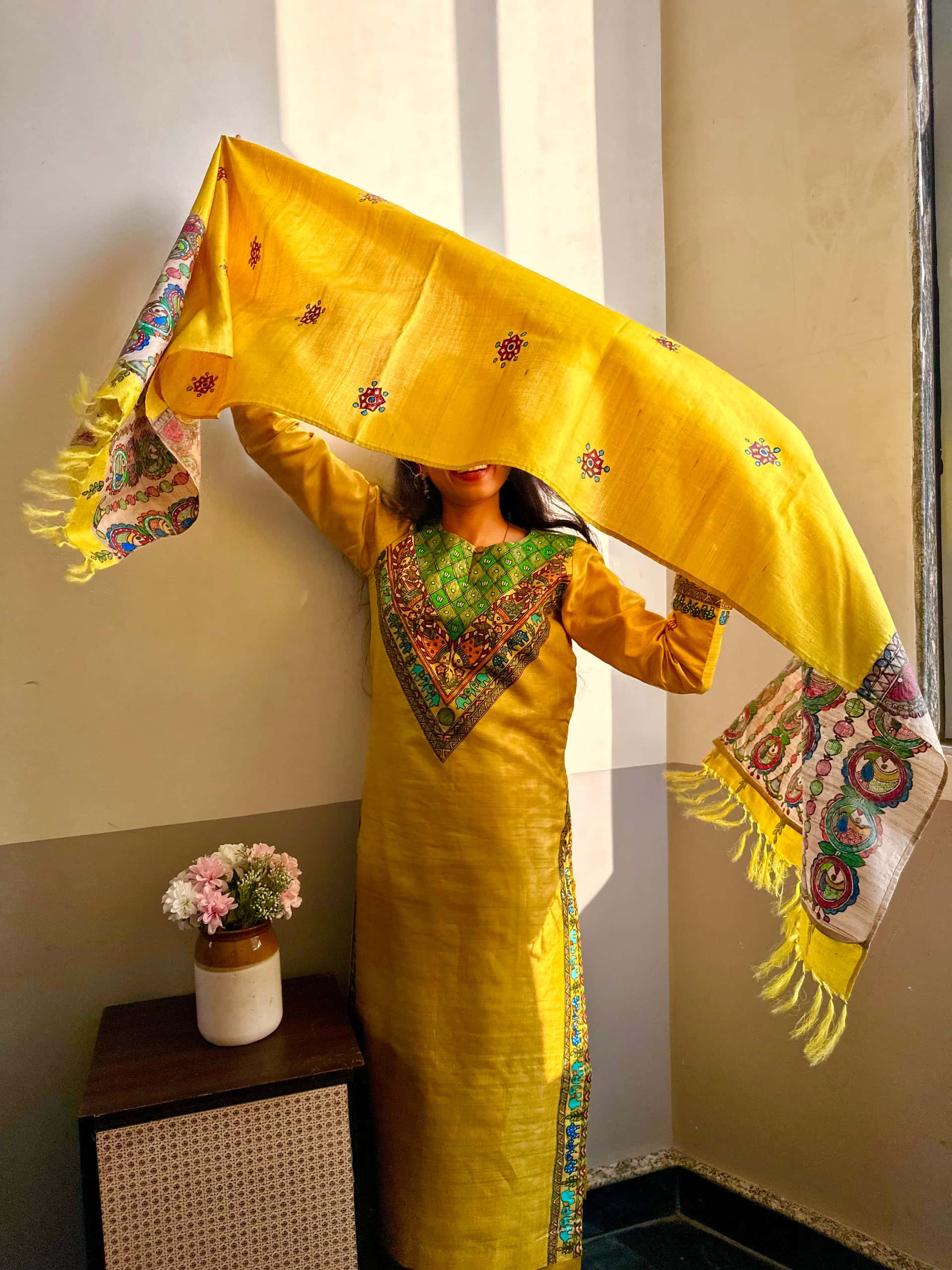 Fish Hand-painted Madhubani Tussar Silk Stole — image 2 of 4