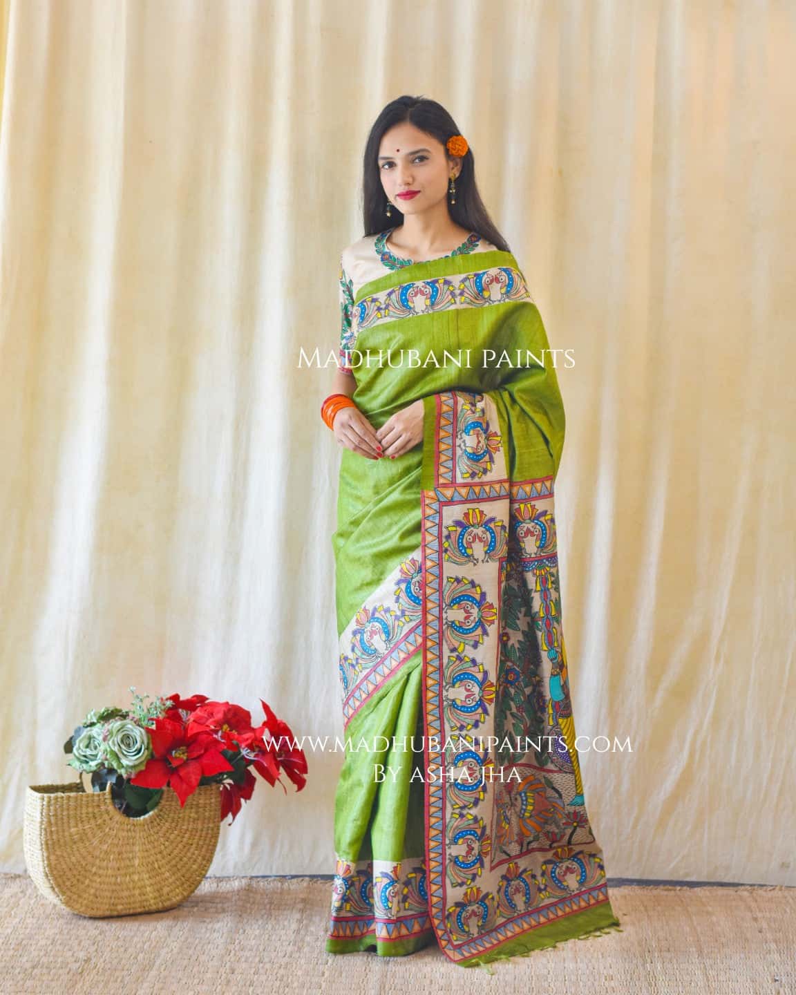 RADHA SANG KRISHNA Handpainted Madhubani Tussar Silk Saree Blouse — image 7 of 9