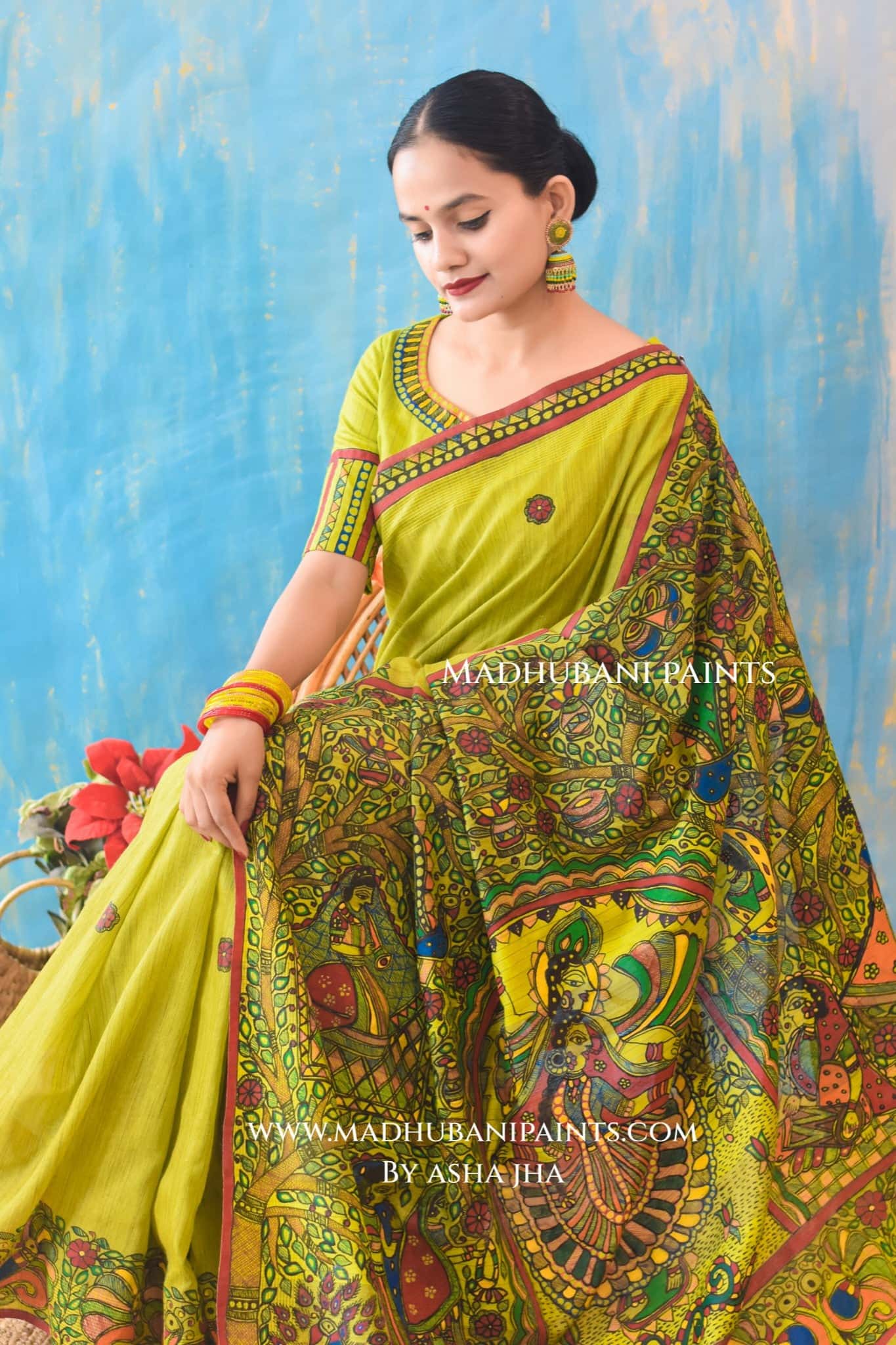 RADHA RANI Hand-painted Madhubani Chanderi  Saree Blouse set — image 4 of 6