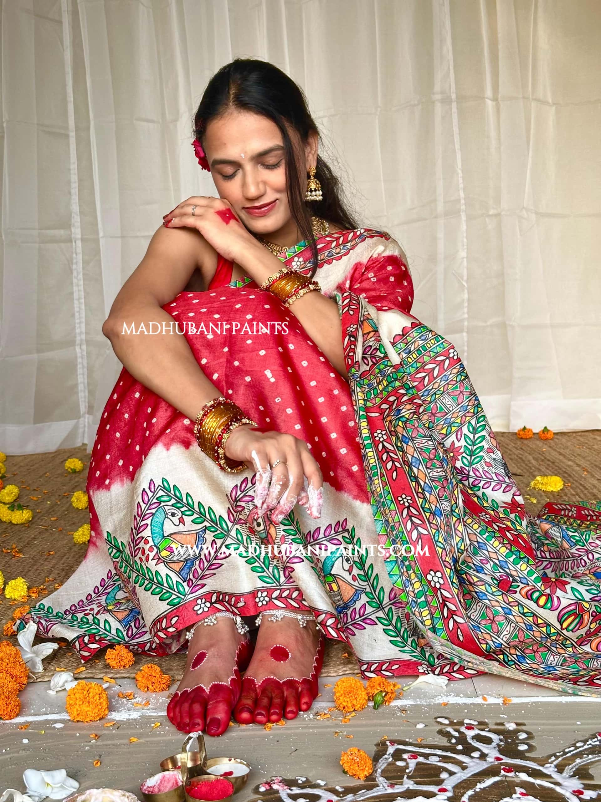 GULAB Handpainted Tussar Silk Bandhini Madhubani Saree — image 6 of 10