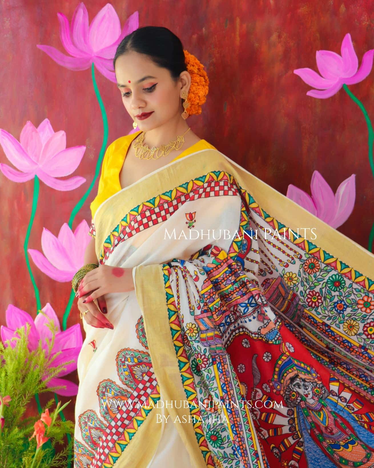 'ROOPVARDHINI' Handpainted Madhubani Cotton Saree — image 2 of 9