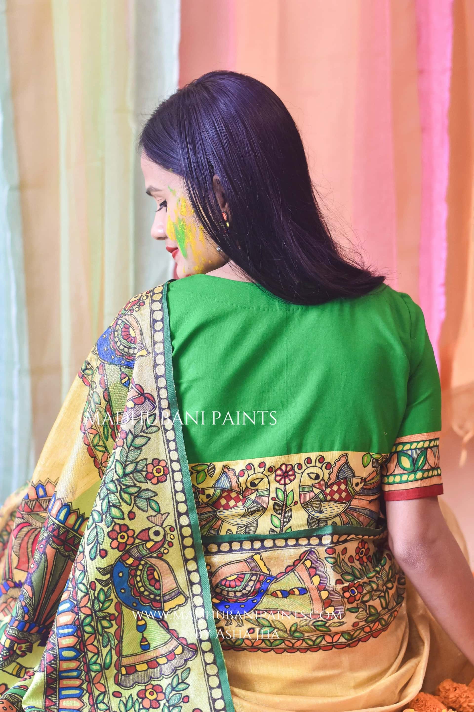 UMANG Hand-painted Madhubani Tissue Linen Saree Blouse Set — image 4 of 8