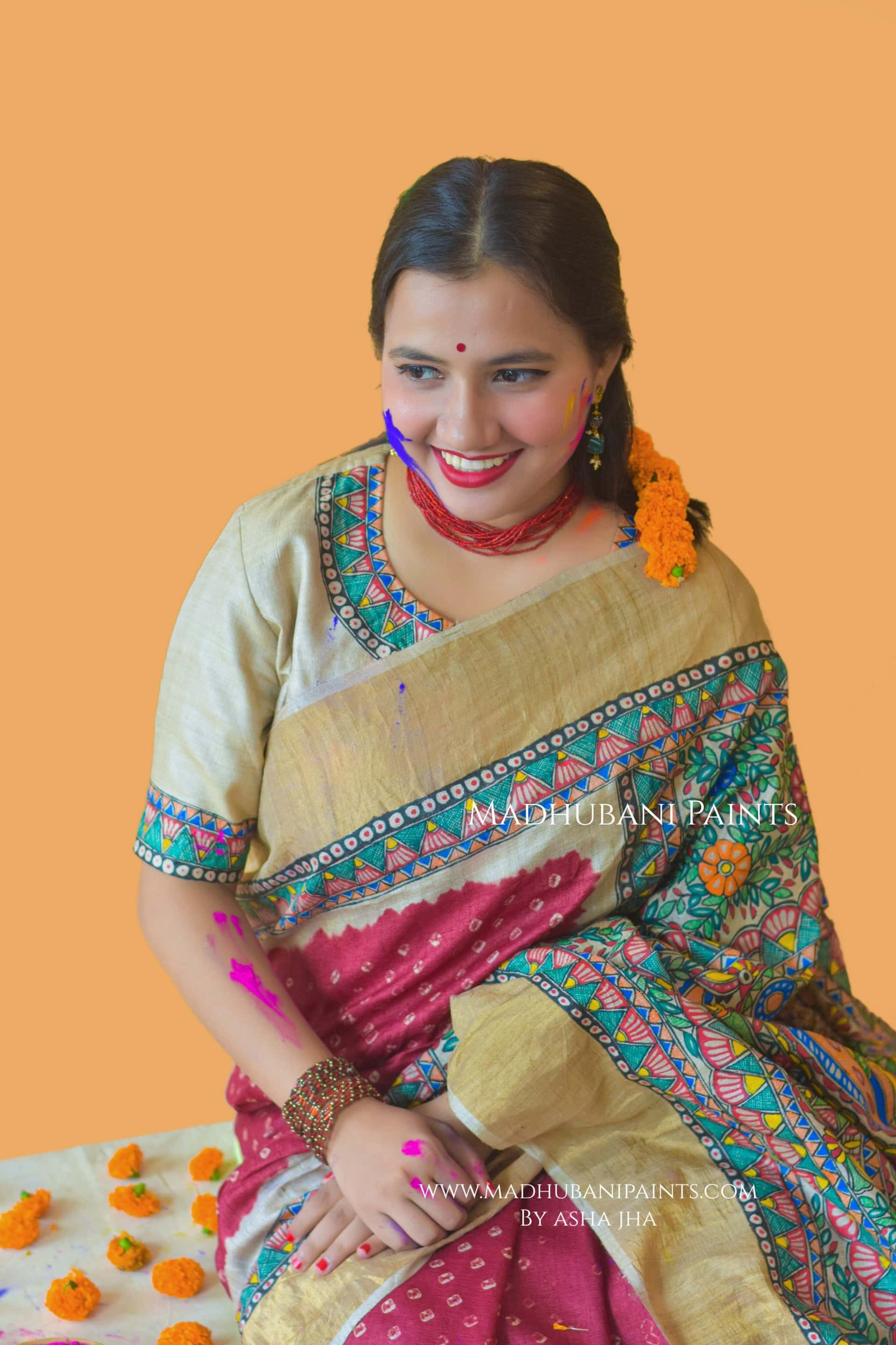 GAURI PUJA Hand-painted Madhubani Bandhini Tussar Silk Saree — image 7 of 7