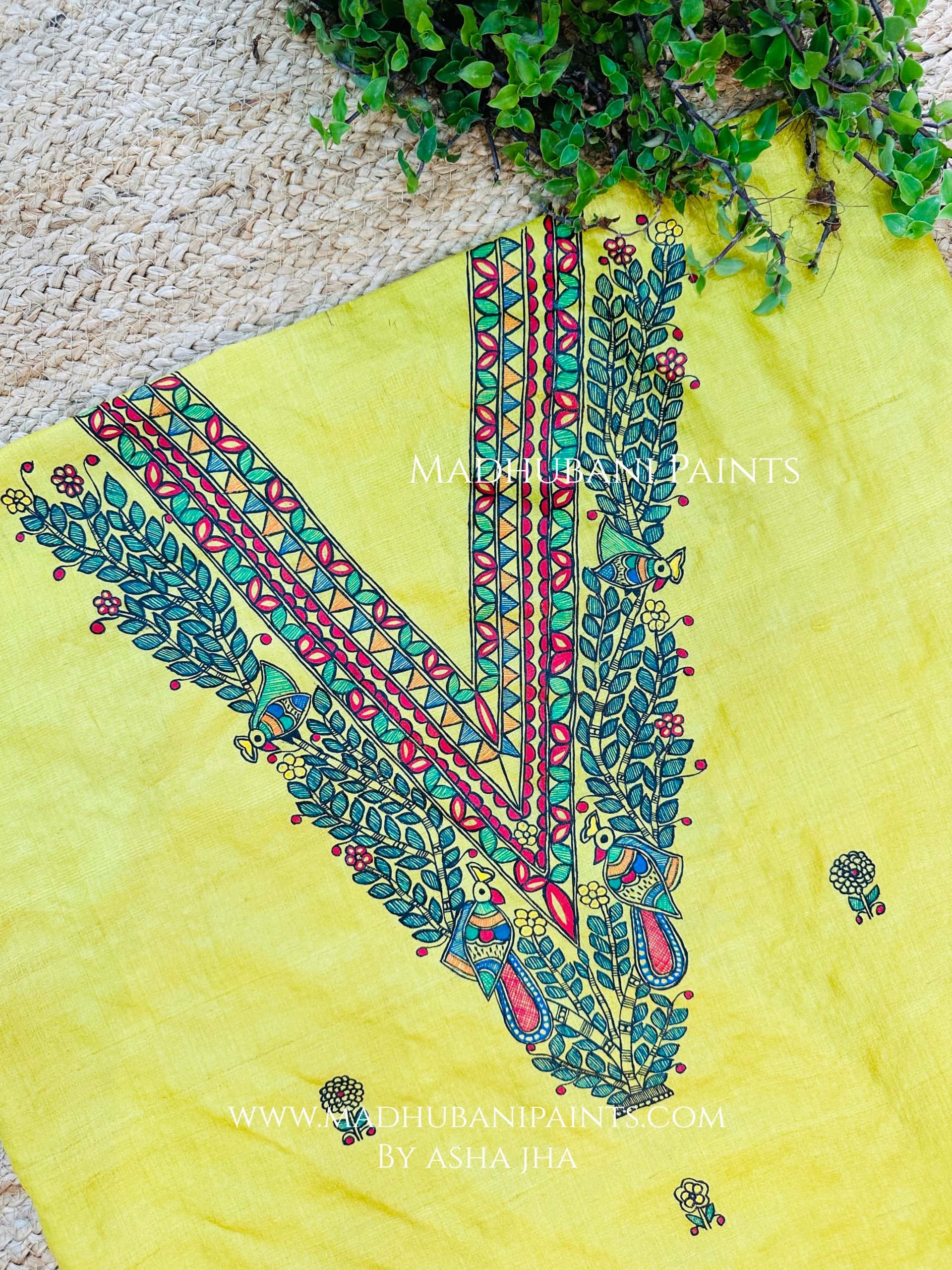 Kohbar Mayur Macchli Handpainted Unstitched Tussar Silk Kurta Pant Dupatta Set — image 3 of 4