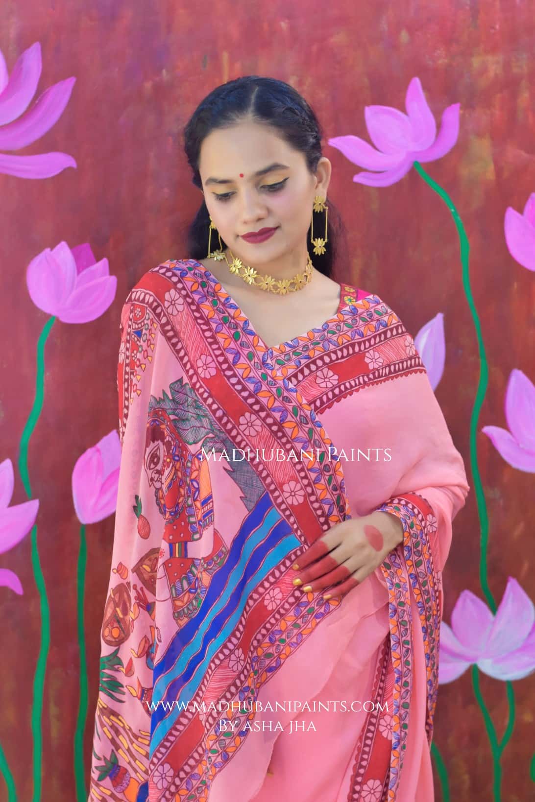 POOJA VIBHUTI Chhath Puja Handpainted Madhubani Georgette Saree — image 7 of 7