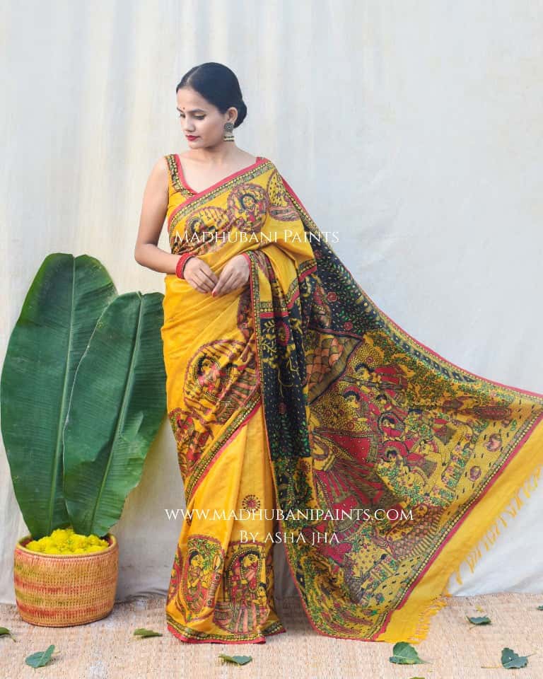 'GOVARDHAN' Handpainted Madhubani Tussar Silk Saree — image 4 of 9